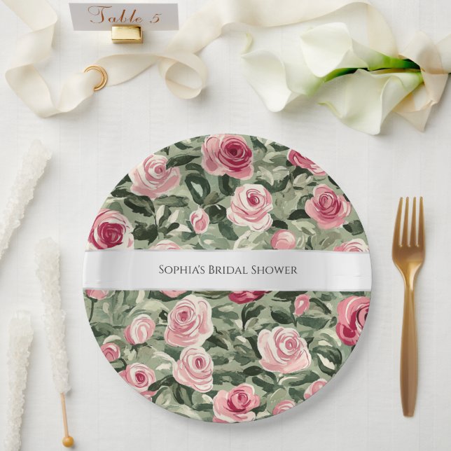 Pink Red Green Roses Floral Bridal Shower Paper Plate (Wedding)