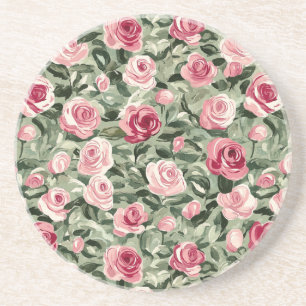 Pink Red Green Roses Floral Coaster