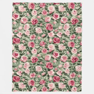 Pink Red Green Roses Floral Fleece Blanket