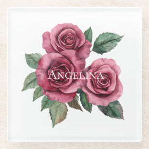 Pink Red Green Roses Floral Glass Coaster