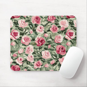 Pink Red Green Roses Floral Mouse Pad