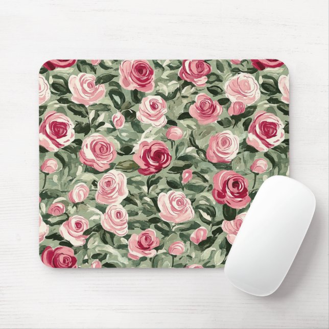 Pink Red Green Roses Floral Mouse Pad (With Mouse)
