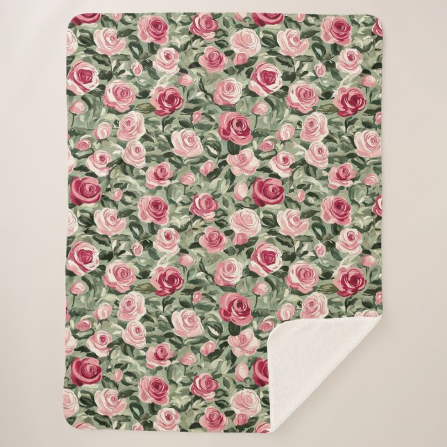 Pink Red Green Roses Floral Sherpa Blanket (Front)