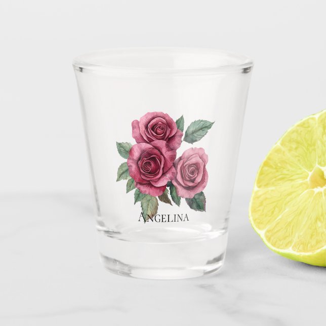 Pink Red Green Roses Floral Shot Glass (Front)