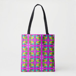 Pink red green yellow mixed patterned with text tote bag