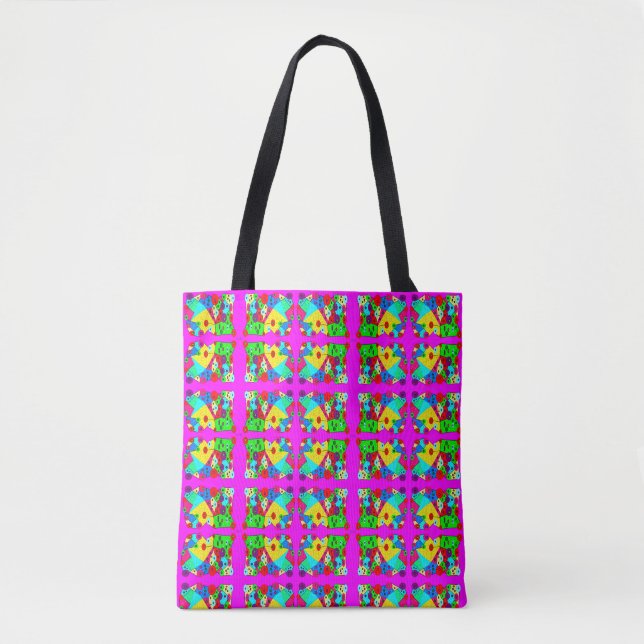 Pink red green yellow mixed patterned with text tote bag (Front)