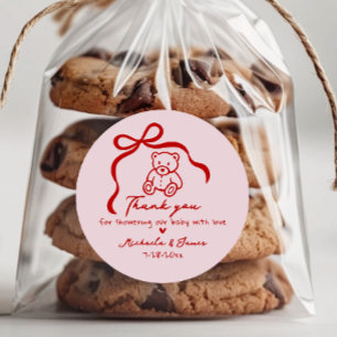 Pink & Red Hand Drawn Doodle Bow Girl Baby Shower Classic Round Sticker