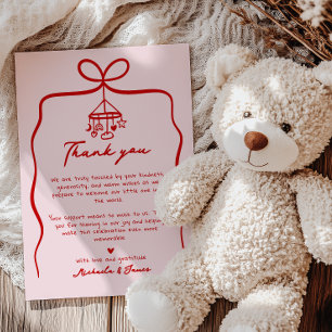 Pink & Red Hand Drawn Doodle Bow Girl Baby Shower Thank You Card