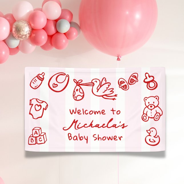 Pink & Red Hand Drawn Doodle Whimsical Baby Shower Banner (Creator Uploaded)