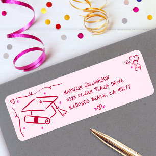 Pink Red Hand Drawn Doodles Graduation Cap Address