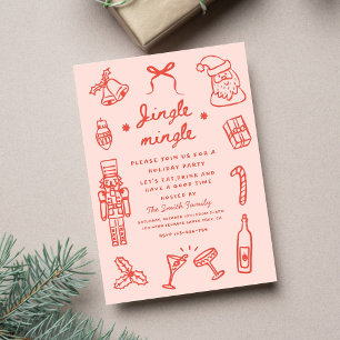 Pink Red Hand Drawn Funky Christmas Party Invitation