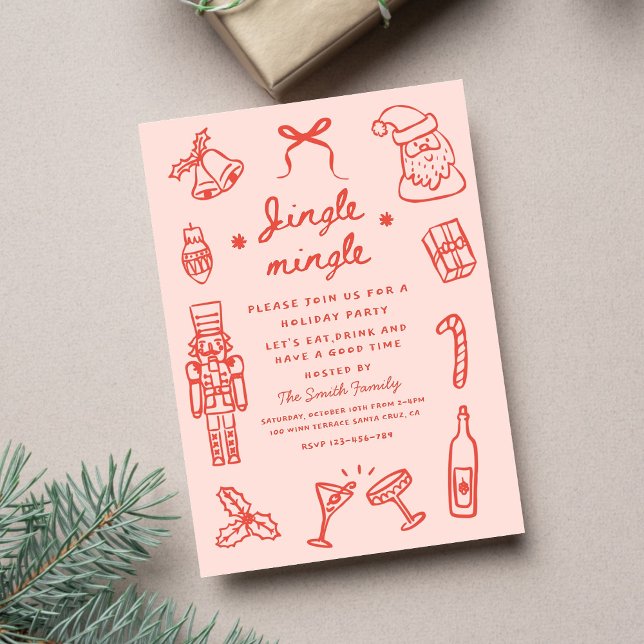 Pink Red Hand Drawn Funky Christmas Party Invitation (Creator Uploaded)