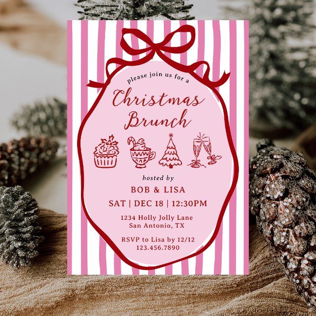 Pink & Red Hand Drawn Stripes Bow Christmas Brunch Invitation (Creator Uploaded)