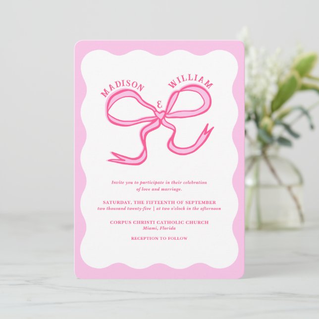 Pink Red Hand Drawn Wavy Retro Wedding Invitation (Standing Front)