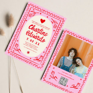 Pink Red Hand Drawn Wavy Retro Wedding Invitation