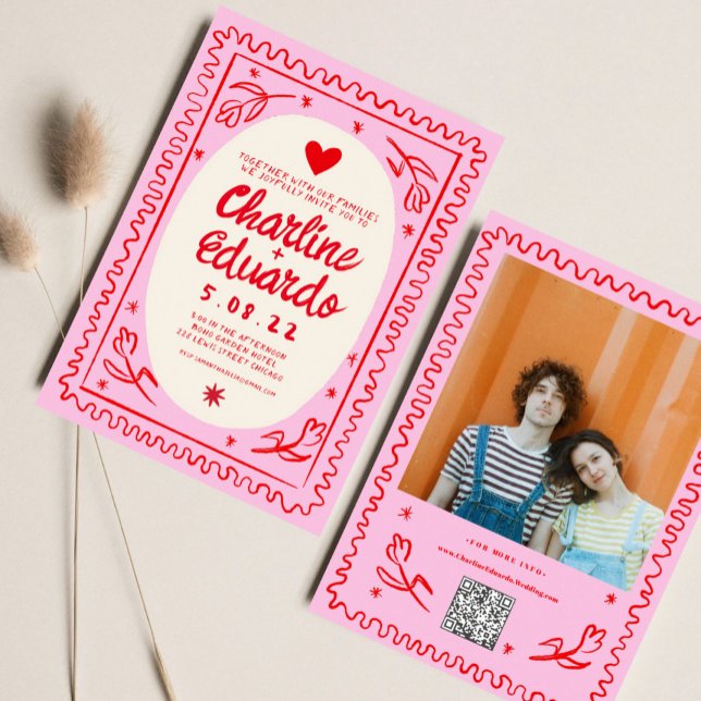 Pink Red Hand Drawn Wavy Retro Wedding  Invitation (Creator Uploaded)