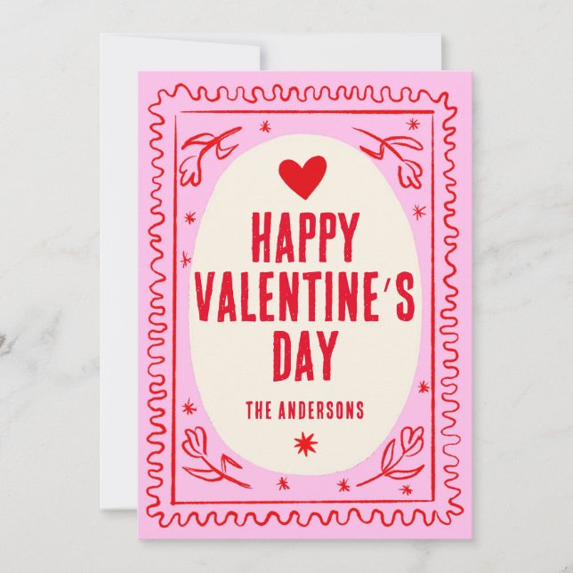 Pink Red Hand Print Retro Happy Valentine’s Day  Holiday Card (Front)