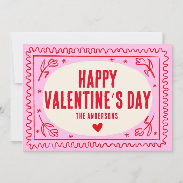 Pink Red Hand Print Retro Happy Valentine’s Day  Holiday Card (Front)