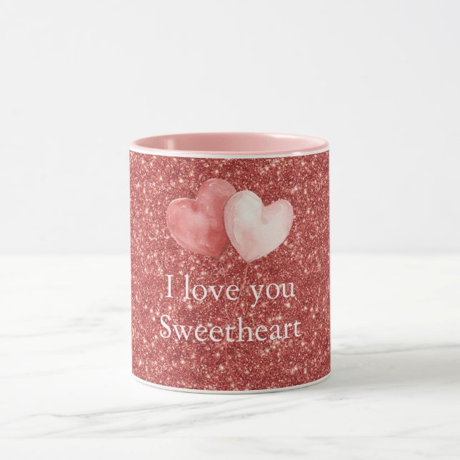 Pink Red Heart Balloons Glitter Sweetheart Mug (Center)