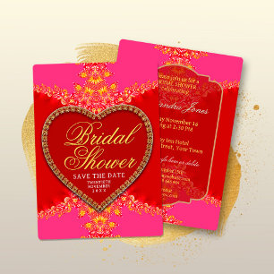 Pink Red Heart Gold Lace Girls Party Bridal Shower Invitation
