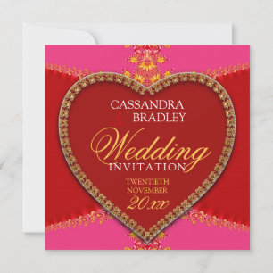 Pink Red Heart Gold Lace Wedding Invitations