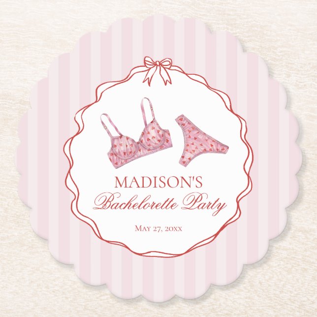 Pink & Red Heart Lingerie Bachelorette Party Paper Coaster (Front)