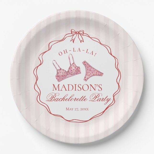 Pink & Red Heart Lingerie Bachelorette Party Paper Plate (Front)