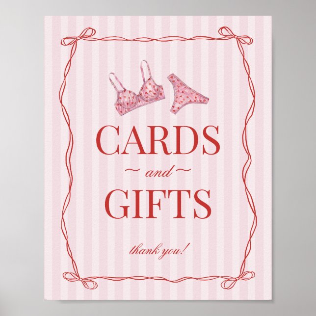 Pink & Red Heart Lingerie Shower Cards & Gifts Poster (Front)