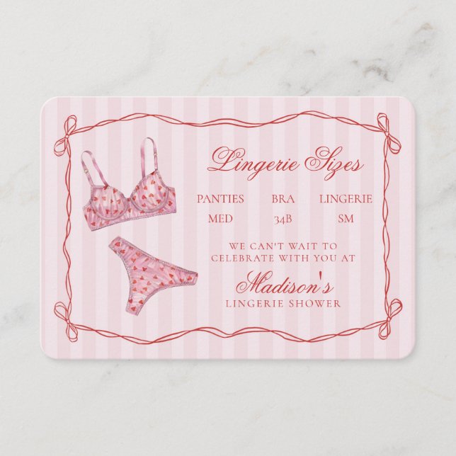 Pink & Red Heart Lingerie Sizes Shower Bow Enclosure Card (Front)