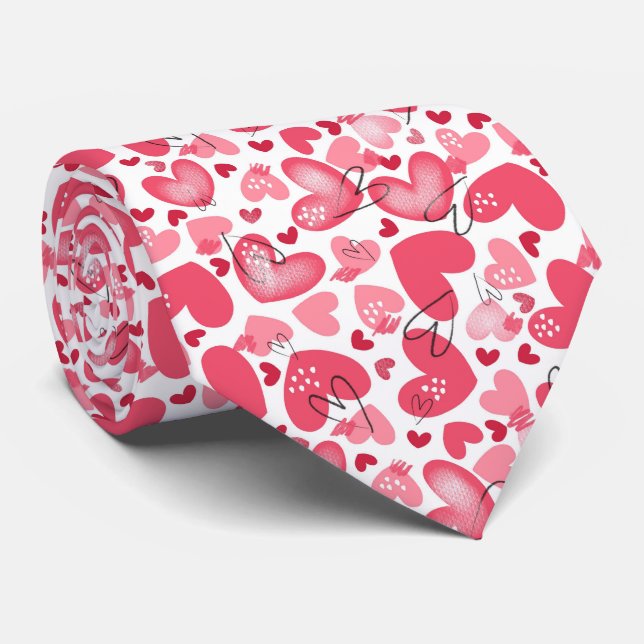 Pink Red Heart Pattern Valentine's Day Tie (Rolled)