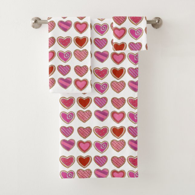 Pink Red Heart Sugar Cookie Valentine's Day Love Bath Towel Set (Insitu)