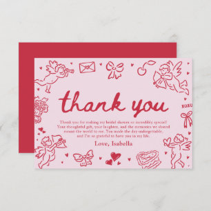 Pink Red Hearts Hand Drawn Valentine Bridal Shower Thank You Card
