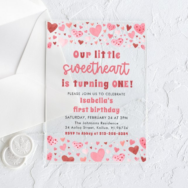 Pink Red Hearts Little Sweetheart First Birthday Acrylic Invitations (Creator Uploaded)