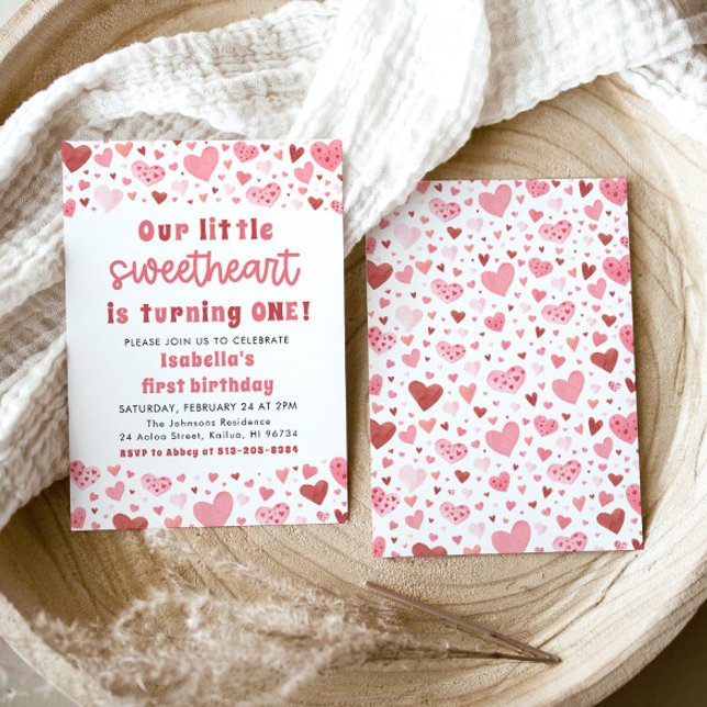 Pink Red Hearts Little Sweetheart First Birthday Invitation (Creator Uploaded)