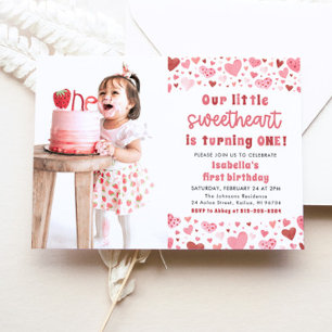 Pink Red Hearts Little Sweetheart First Birthday Invitation