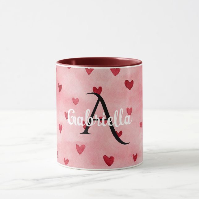 Pink Red Hearts Monogram Name Mug (Center)