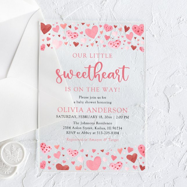 Pink Red Hearts Our Little Sweetheart Baby Shower Acrylic Invitations (Creator Uploaded)