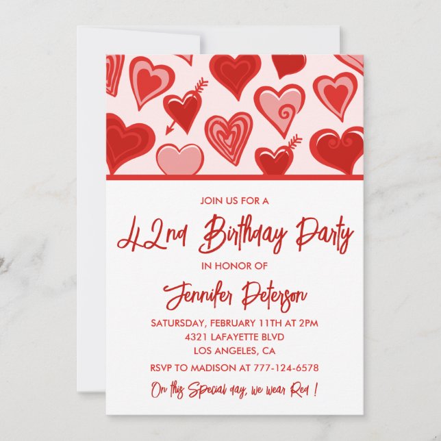 Pink Red Hearts Pattern Simple 42nd birthday  Invitation (Front)