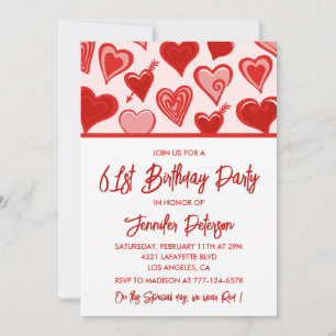 Pink Red Hearts Pattern Simple 61st birthday Invitation