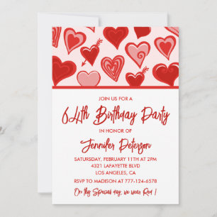 Pink Red Hearts Pattern Simple 64th birthday Invitation