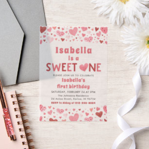 Pink Red Hearts Sweet One Valentine First Birthday Vellum Invitations