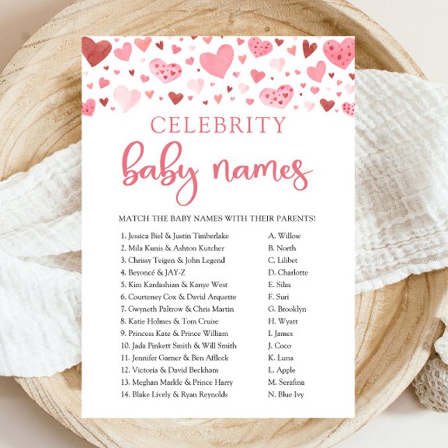 Pink Red Hearts Valentine Celebrity Baby Name Game Invitation (Watercolor Pink Red Hearts Valentine Little Sweetheart Girl Celebrity Baby Names Baby Shower Game)