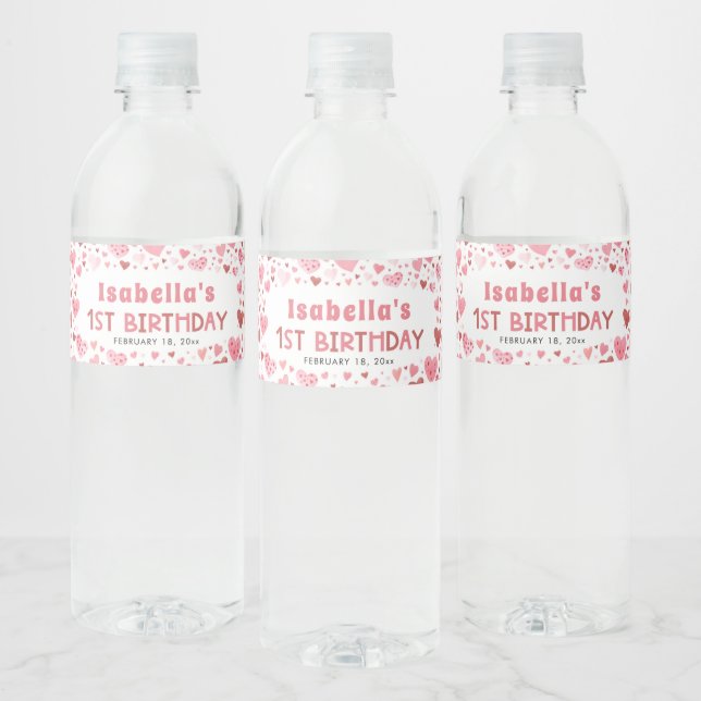 Pink Red Hearts Valentine First Birthday Party Water Bottle Label (Bottles)