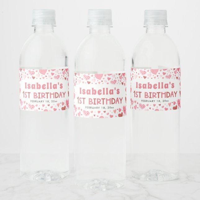 Pink Red Hearts Valentine First Birthday Party Water Bottle Label (Bottles)