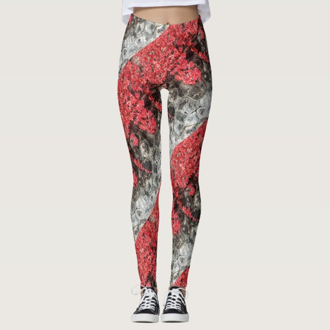 Pink red ivy leaves autumn stone wall leggings (Front)