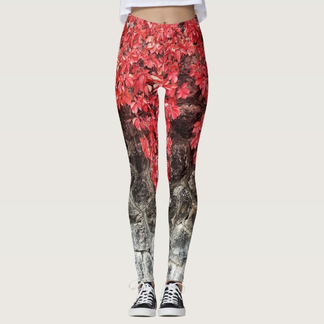 Pink red ivy leaves autumn stone wall leggings (Front)
