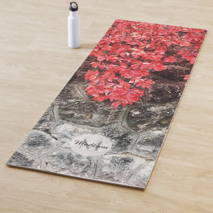Pink red ivy leaves autumn stone wall Monogram Yoga Mat