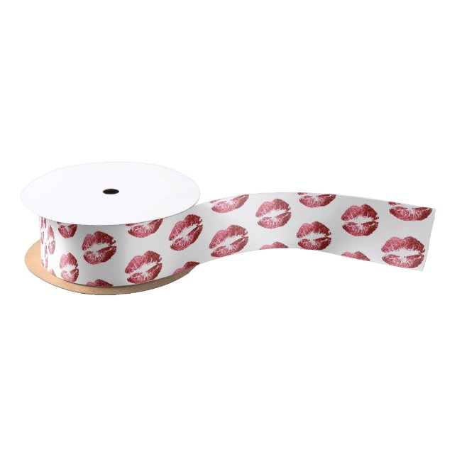 Pink Red Lips on White Satin Ribbon (Spool)