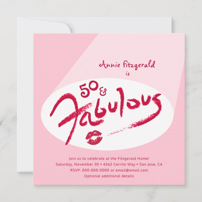 Pink Red Lipstick 50 Fabulous Birthday Party  Invitation (Front)