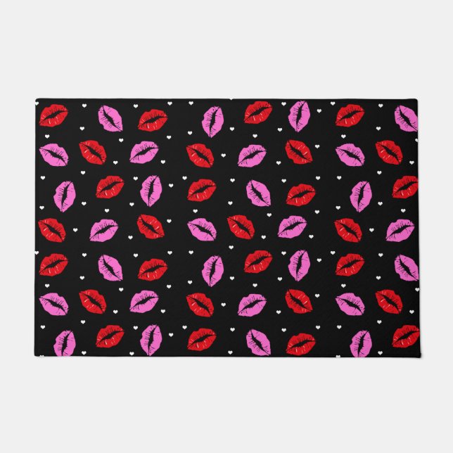 Pink Red Lipstick Kiss Prints Hearts Door Mat- BLK Doormat (Front)
